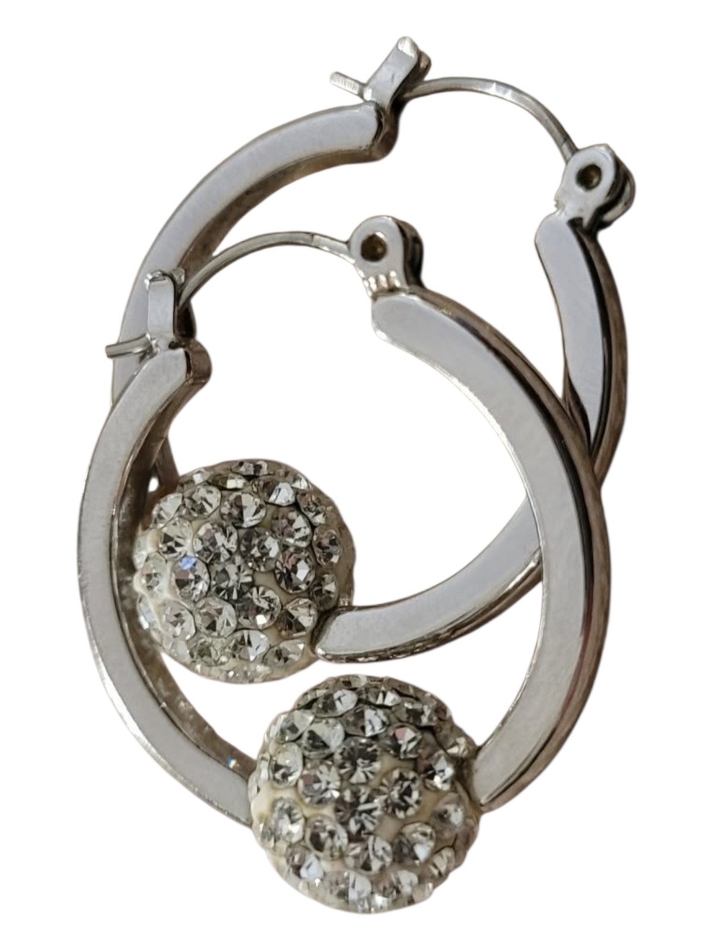 Silver Hoop Earrings with Crystal Pave Balls
